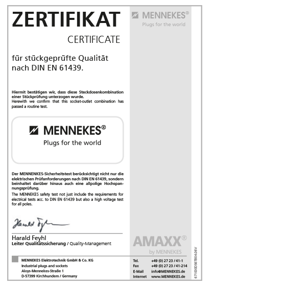 Zertifikat für stückgeprüfte Qualität nach DIN EN 61439