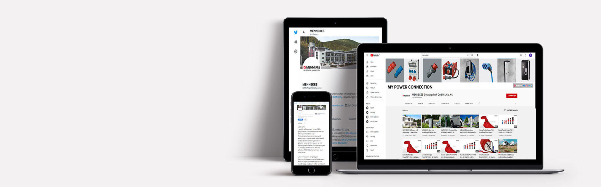 Social Media Auftritt von MENNEKES auf einem Laptop, einem Tablet und einem Smartphone